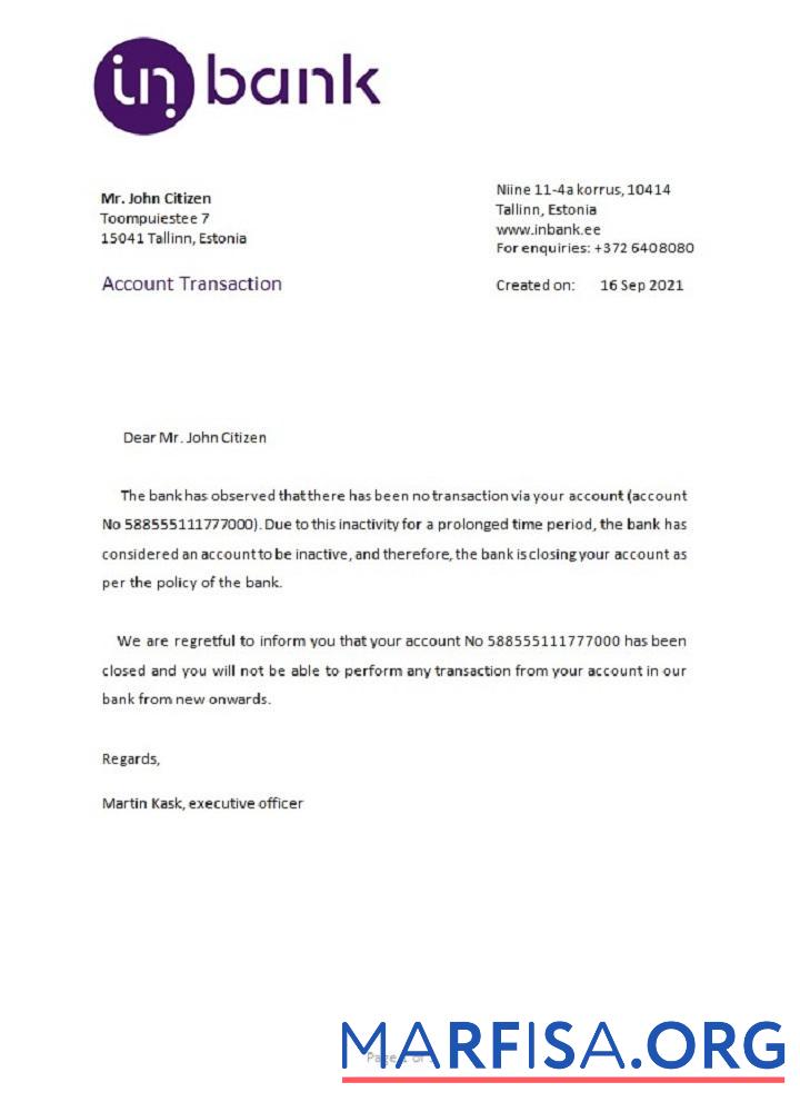 Printable Estonia Inbank closure reference sample